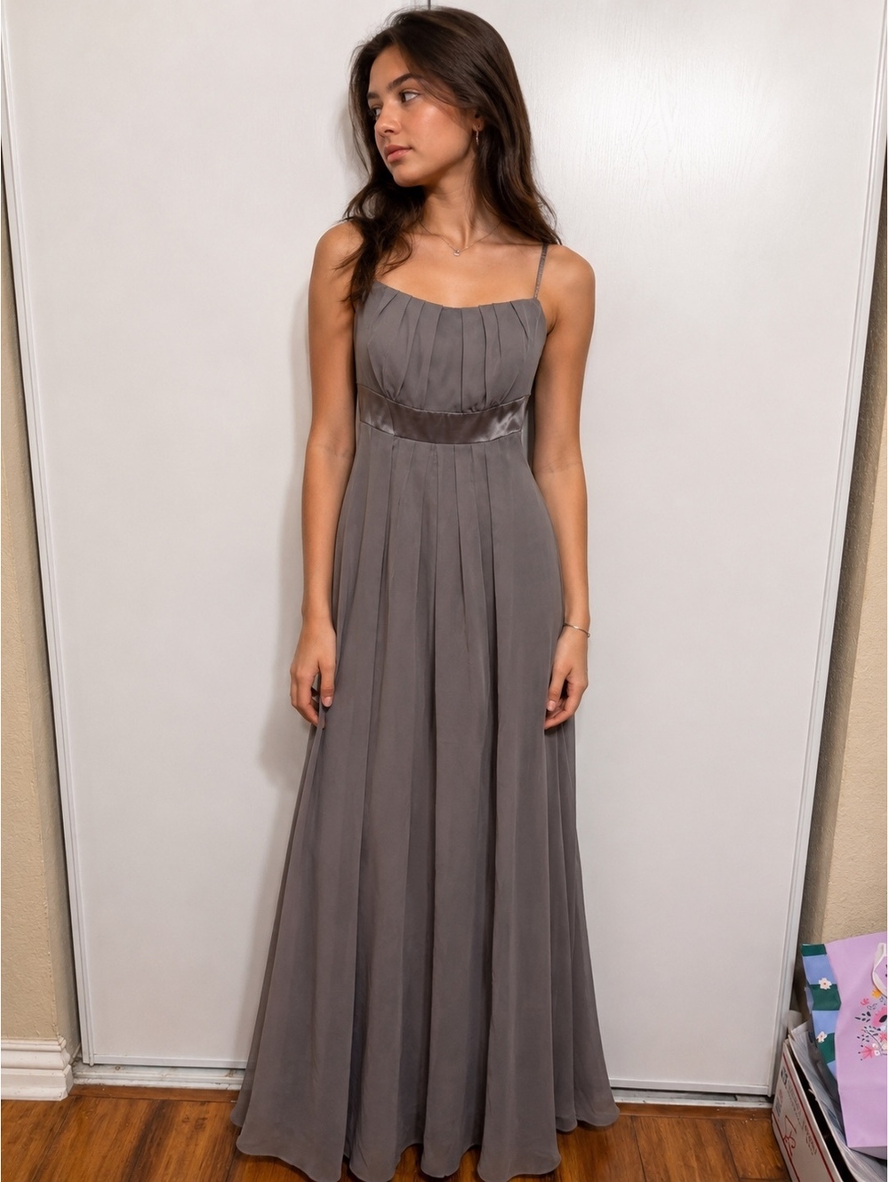 After Six Charcoal Gray Pleated Chiffon Formal Gown Size 2 Bridesmaid Prom Dress